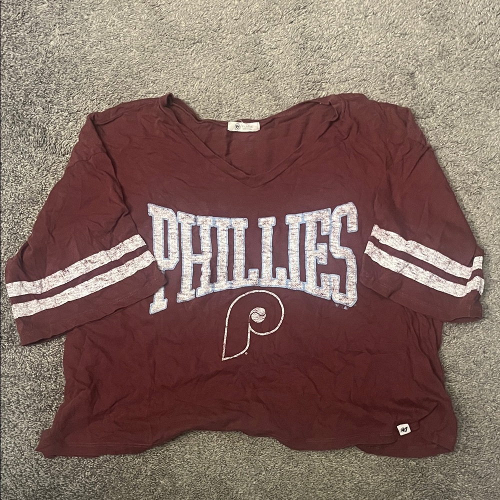 47 Brand Maroon Phillies Cropped Short Sleeve Tee